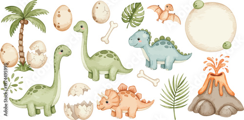Dinosaur illustrations including various species plants and volcanic landscape elements