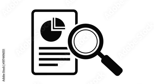 Document icon featuring a pie chart being examined under a magnifying glass for financial reporting and data auditing.