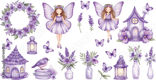 Whimsical purple fairy garden scene with flowers butterflies and fantasy elements