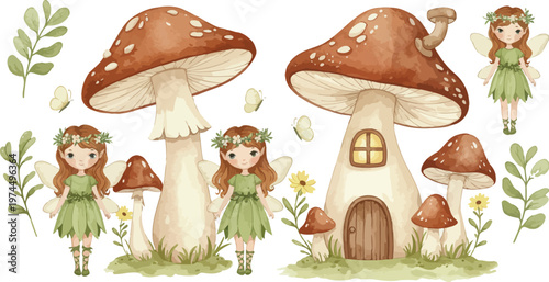 Whimsical illustration of fairies and mushroom houses in a forest
