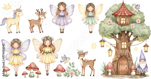 Whimsical fairy tale scene with fairies deer unicorn and treehouse in a magical forest setting with flowers