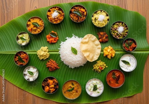 Traditional south indian sadya feast served on a banana leaf