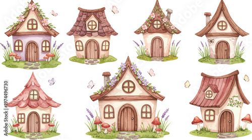 Whimsical fairy tale houses with unique architectural details and gardens