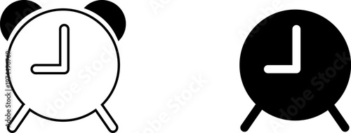 Set of Two Alarm Clock Icons in Minimalist Line Art and Solid Black Silhouette Styles
