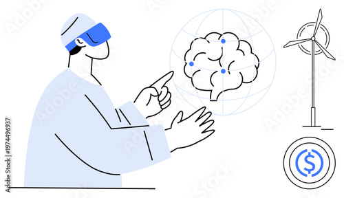 Artificial intelligence, renewable energy, virtual reality, neuroscience, financial growth, future technology. Person using VR headset pointing at a digital brain, wind turbine and currency. AI