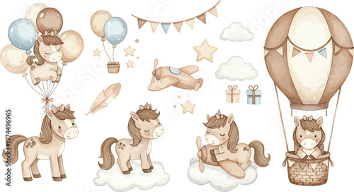 Whimsical illustration of unicorns and hot air balloons in the sky with clouds and decorations