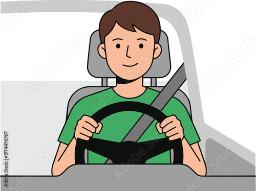 Flat vector illustration of a young man driving a car, wearing a seatbelt and holding the steering wheel, representing safe driving and road safety.