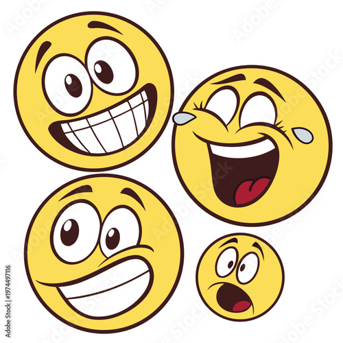 Set of four cheerful and laughing smiley face emojis with different expressions