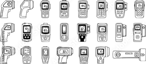 Handheld infrared thermometers and digital measuring devices line art vector set. Collection of temperature guns and various meters for industrial and medical use.
