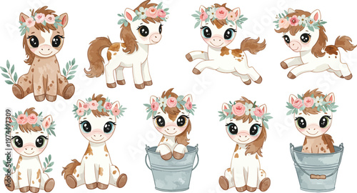 Funny cartoon animal vector set featuring a cute baby dog, cat, lion, and farm cow illustration collection for a comic zoo character art project