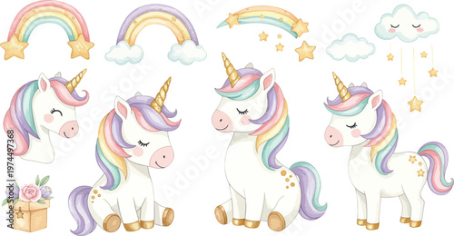 Cartoon vector illustration set of a funny horse and baby animals with abstract floral patterns and nature designs featuring a lion and butterfly