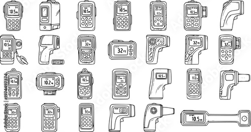 Vector outline illustration set of various digital infrared thermometers and thermal imaging cameras for temperature measurement and analysis