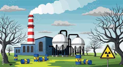 Nuclear Power Plant Radiation Leak Illustration with Toxic Waste Barrels, Environmental Pollution, Hazard Warning Sign and Industrial Landscape