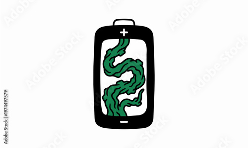 Flat Vector Illustration of a Green Vine or Root Growing inside a Battery Symbolizing Bio-Energy and Sustainable Power Solutions