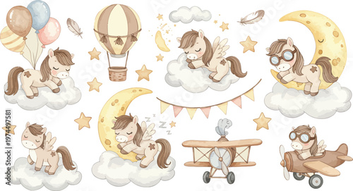 Whimsical illustrations of children playing on clouds with hot air balloons and airplanes