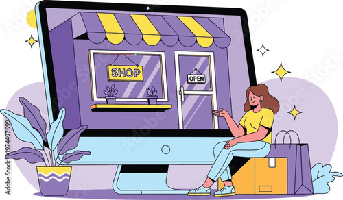 Woman sitting in front of large computer screen shopping online