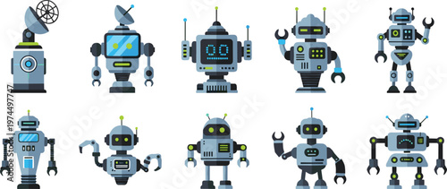 Futuristic Robot Cartoon Set with Industrial AI Machines, Mechanical Bots, and Tech Characters for Sci-Fi Illustration and Game Design