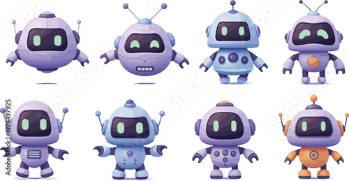 Cute Robot Cartoon Character Set with Futuristic AI Bots and Friendly Tech Mascots for Kids Illustration and Sci-Fi Design