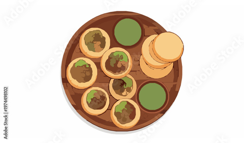 Indian street food pani puri illustration wooden plate isolated