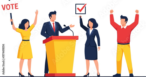 People at a podium encouraging others to vote