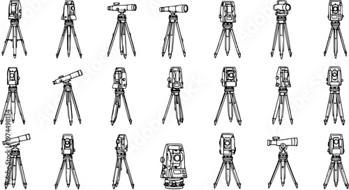 Surveying Instruments: Theodolites and Total Stations on Tripods - Black and White Line Art