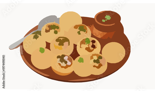 Pani puri food illustration isolated wooden plate Indian snack