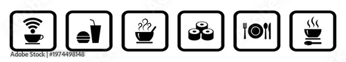 Different symbols show cafe services like wifi, drinks, food, and utensils for customer needs, vector illustration