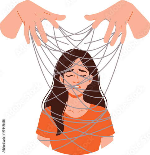 Woman trapped in strings representing mental health struggles