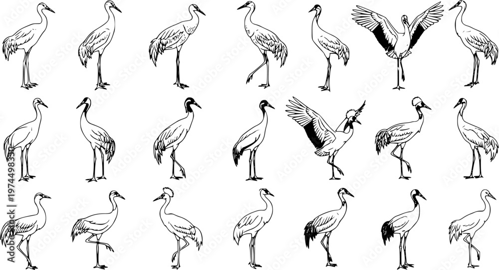 Fototapeta premium Elegant Crane Sketch Collection: 18 Hand-Drawn Storks in Various Poses, Wildlife Art
