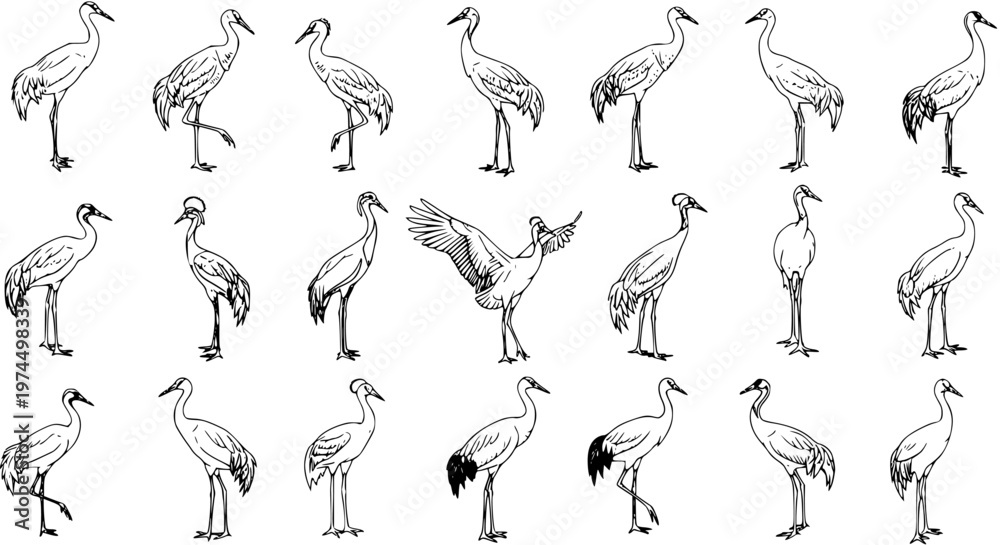 Obraz premium Collection of Hand-Drawn Crane Illustrations in Various Poses and Styles