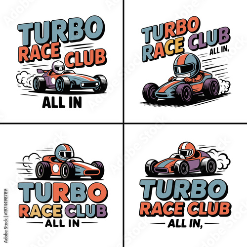 Four vibrant retro pixel art illustrations depict various dynamic go-karts with drivers for an exciting turbo race club concept.
