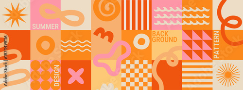 Horizontal summer geometric background with fun hand drawn doodle shapes and squiggles in childish style. Hot poster with colorful drawings and collage elements. Vector illustration.