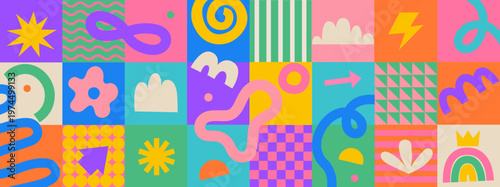 Horizontal kids background with fun hand drawn doodle shapes and squiggles in childish style on geometric background. Colorful drawings, collage elements. Childish design for design and print. Vector