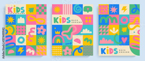 Set of kids geometric flyers, fun hand drawn doodle shapes and squiggles in childish style. Colorful drawings, bright design for web, design, packaging, label, advertise, wallpaper and print. Vector