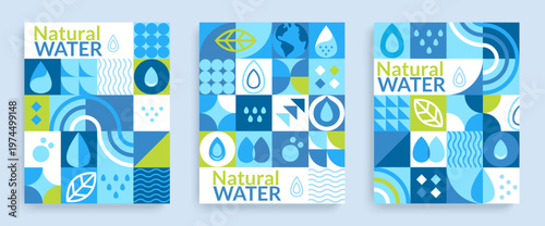 Set flyers for natural water,geometric background in flat style. Geometry minimalistic water drops,simple shapes of wave,green leaf,drop.Great for banner,web poster,template,cover design, label.Vector