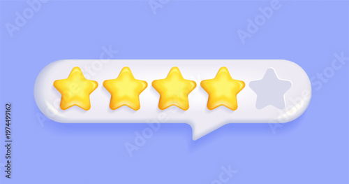 3d five star rating in text speech bubble. Positive 4 stars customer product rating review for apps,websites. Feedback,dissatisfied quality.Four elements for rating designation,hotels status. Vector