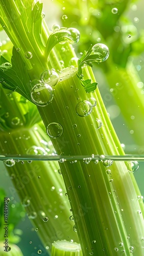 A close-up of green celery stalks underwater