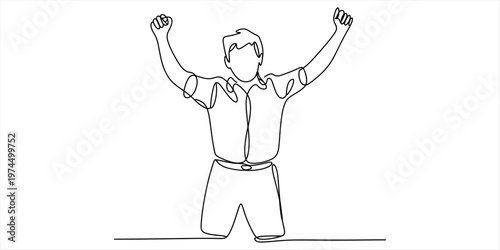 A single continuous line drawing of a happy man celebrating success with his arms raised high up. Vector, illustration