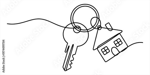 A single continuous line drawing of a house key with a small house charm on a white background Vector, illustration