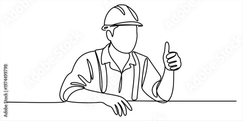 A single continuous line drawing of a construction worker wearing a hard hat giving a thumbs up Vector, illustration