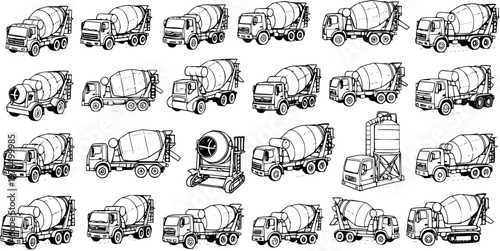 Detailed line art sketches of various concrete mixer trucks and one concrete batching plant, industrial construction vehicles collection set on white background.