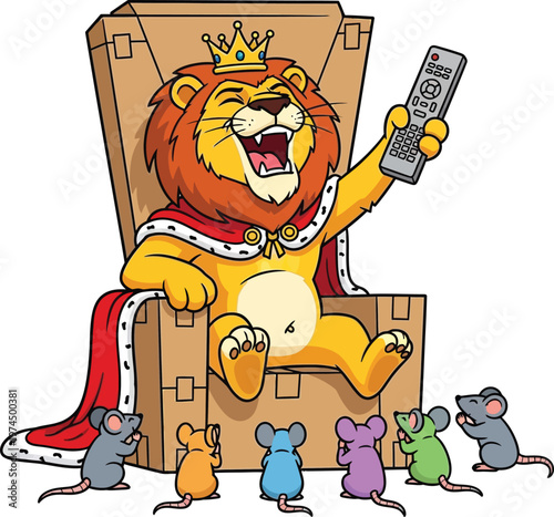 A lion sitting on a throne with mice around him