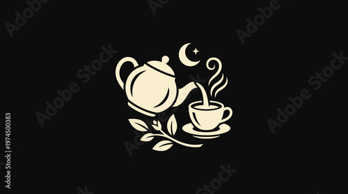 Elegant Tea Ceremony Logo Design with Moon and Leaves