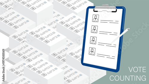Isometric counting the votes of voters from ballots folded in a pile. Cartoon 3D vector concept isolated on green background