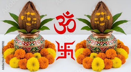 Two kalash pots adorned with coconuts, mango leaves, and vibrant flower garlands, with om and swastika symbols in red, symbolizing auspiciousness and hindu tradition