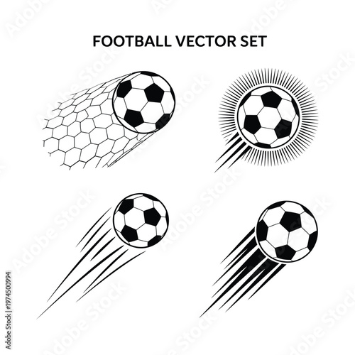 Black and white football vector illustration with dynamic speed lines and net