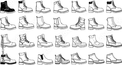Boot Collection: A Variety of Men's and Women's Footwear Styles in Vector Illustration