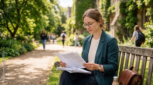 Woman reading papers on a bench in a garden with people walking in the background on a sunny day