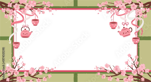 Japanese cherry blossom sakura flowers border frame with traditional tea set and pink ribbons decoration.