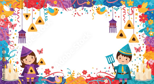 Jewish children wearing colorful costumes celebrating Purim holiday festival with traditional gragger noisemaker and festive floral border.